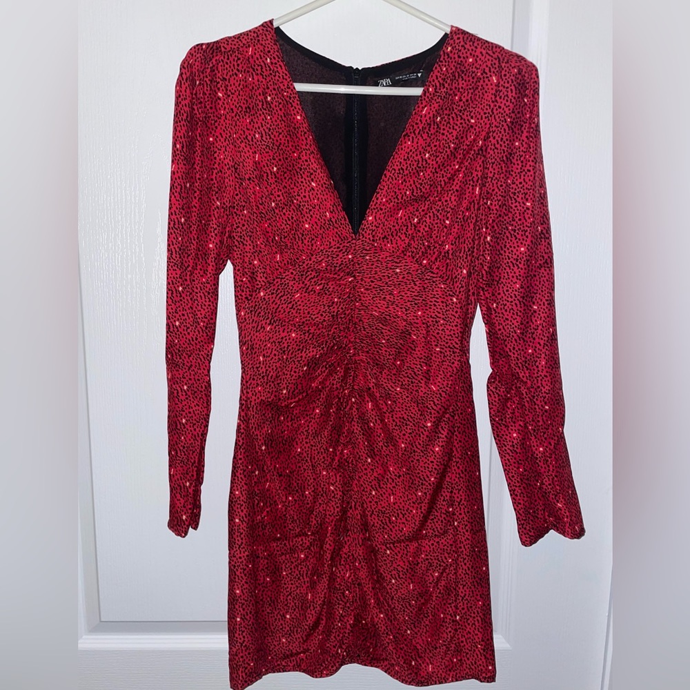 Zara Red V-Neck Ruched Mini Dress - Picture 3 of 3